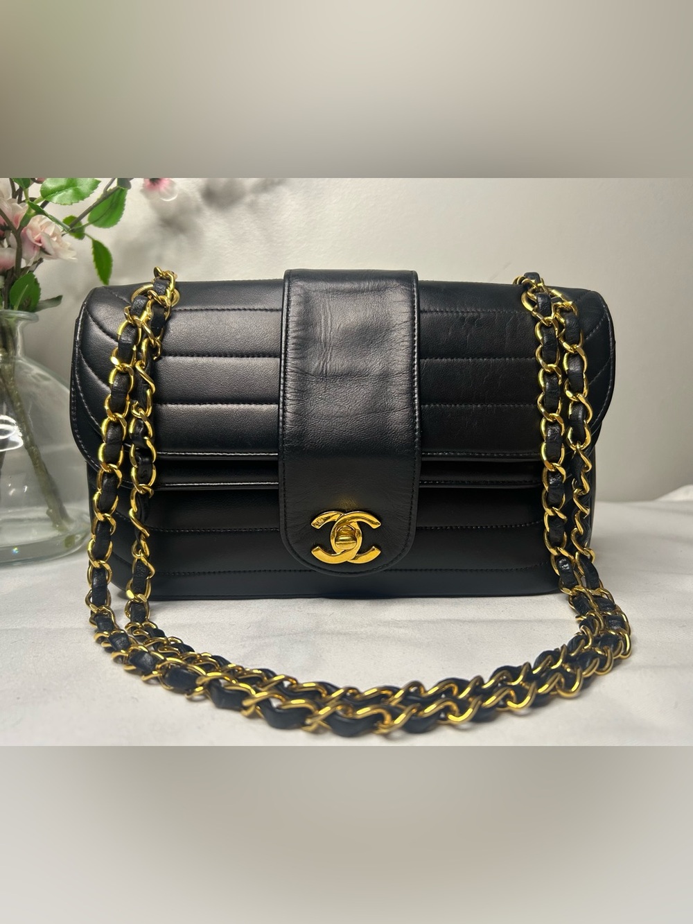 CHANEL Classic Mademoiselle Horizontal Quilted Lambskin Flap Bag Black/24k Gold